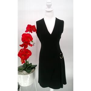 Calvin Klein Womens Black Sleeveless Gold Hoop Accent V-Neck Sheath Dress Size 8